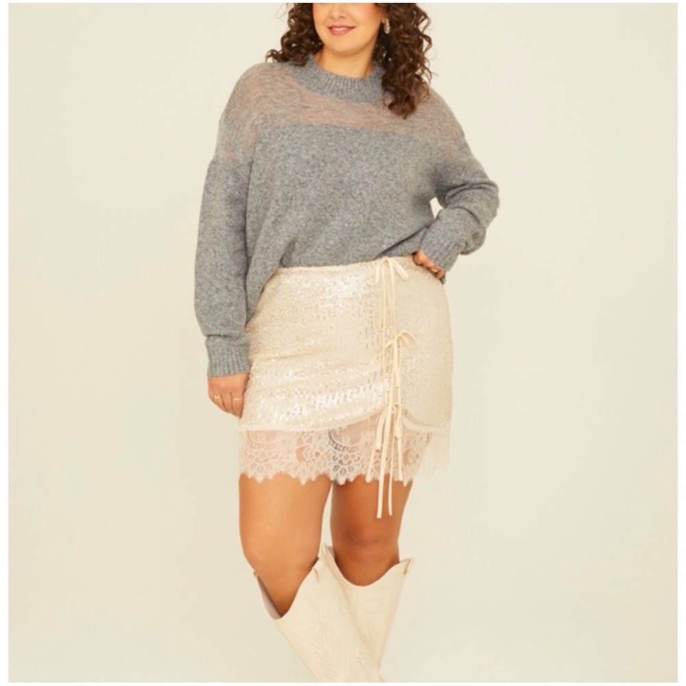 Arula Womens Sequin Lace Trim Mini Skirt Champagne Glam Party Sparkle Plus Size